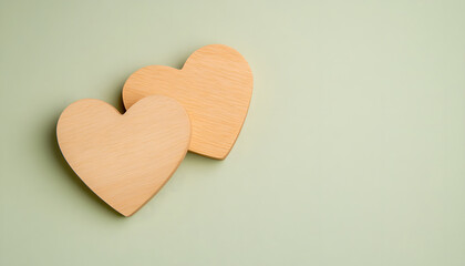 Smooth wooden hearts on green background, symbolizing love and connection