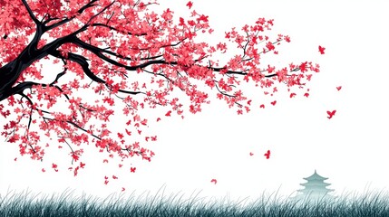 Elegant Spring Blossoms with Pastel Colors Against a White Background Featuring a Serene Pagoda and Flying Butterflies