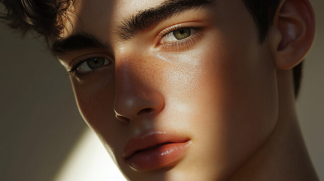 A man basking in the sunlight. A man feeling the sunlight with his eyes closed. Men&rsquo;s grooming. Mens cosmetics photo, beauty industry advertising photo.