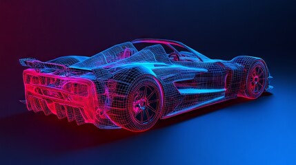 Naklejka premium Neon futuristic sports car wireframe model shining on dark background