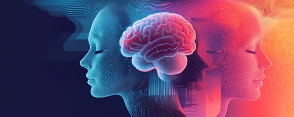 A detailed illustration of layered human profiles with a brain, symbolizing the intricate and multifaceted nature of bipolar disorder and its emotional challenges