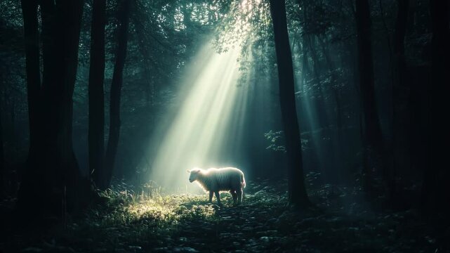 A serene representation of a lamb on the cross illuminated by divine light from heavenly clouds