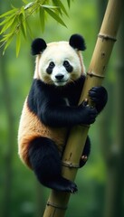 Obraz premium A large panda calmly perched high in a bamboo tree , bamboo forest, endangered