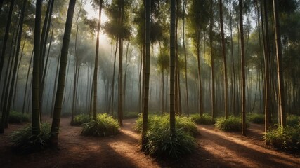 Obraz premium Serene bamboo forest with sunlight filtering through trees, creating a tranquil atmosphere