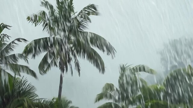Tropical rainstorm pouring over lush palm trees in jungle