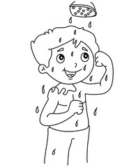 Cute cartoon hand drawn vector  boy bathing in bathroom coloring page.