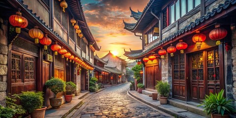 Obraz premium Ancient Chinese City Street - Traditional Architecture, Cobblestone Lane, Old Town, Asian Cityscape