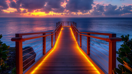 Obraz premium Ocean Sunset Pier View Illuminated Wooden Pathway, Scenic Beach Water with Calm Sky Colors.