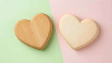 Fototapeta premium Wooden heart shapes on pastel backgrounds evoke warmth and love
