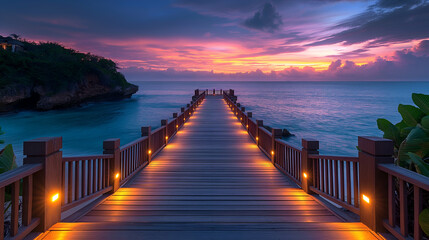 Fototapeta premium Scenic Ocean Pier Sunset Tropical Beach Landscape, Calm Wood Water, Serene Summer Night.