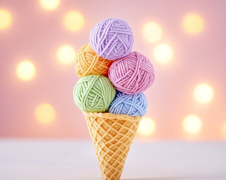 Pastel Yarn Ice Cream Concept Whimsical Textile Design, Soft Color Yarn Decor, Cozy Handmade Illustration