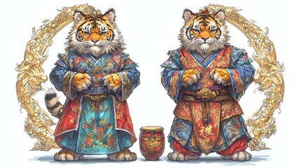 Obraz premium Intricate Design of Two Regal Tigers in Traditional Attire with Decorative Background
