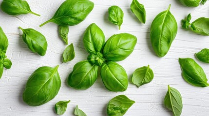 Obraz premium Fresh Green Basil Leaves Spread on White Wooden Surface for Culinary and Health Uses
