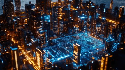Smart city infrastructure controlled by AI, with data overlays tracking traffic, weather, and urban analytics.