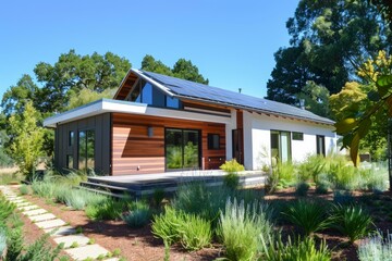 Eco friendly home showcasing solar panels, sustainable design, and a beautifully landscaped garden