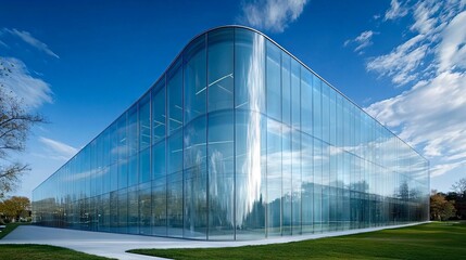 Fototapeta premium Modern glass building reflecting blue sky and clouds on a sunny day