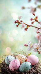 Fototapeta premium Pastel easter nest and eggs on green background with cherry blossom