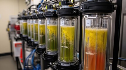 Synthetic biology innovation lab with bioreactors cultivating engineered microorganisms for medical research.