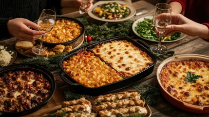 Fototapeta premium A festive dining table laden with delicious dishes, showcasing a variety of cuisines and flavors, perfect for gatherings.