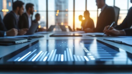 Business Meeting in Modern Office with Data Visualization Screen