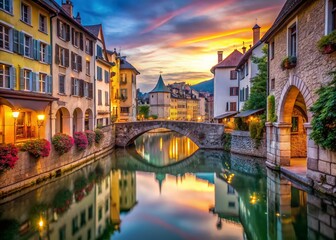 Obraz premium Annecy Old Town: Picturesque Stone Bridge over Thiou Canal - France