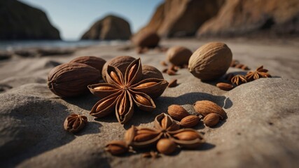 Close-up of assorted nuts and spices on a sandy beach with rocky cliffs in the background