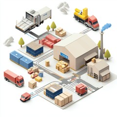 Obraz premium Detailed illustration of a modern logistics and distribution center with trucks, containers, and storage facilities