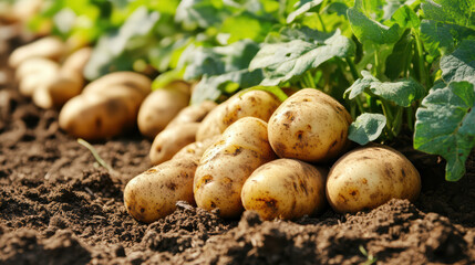 Fresh potatoes nestled in rich soil, surrounded by vibrant green leaves, ready for harvest. This captures essence of agricultural abundance and nature bounty