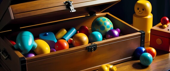 Closeup of a beautifully painted wooden toy chest filled with colorful toys inviting children to explore and play in a vibrant setting