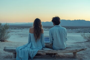 Couple enjoys sunset view while working on laptop with solar power in a desert landscape.