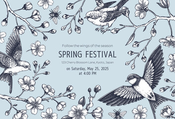 Hand-drawn spring background. Cherry blossom rococo frame design. Sakura flower, flying bird sketch illustration. NOT AI generated