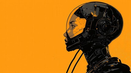 Simple Vector Illustration of a Robot Silhouette on a Bold Orange Background