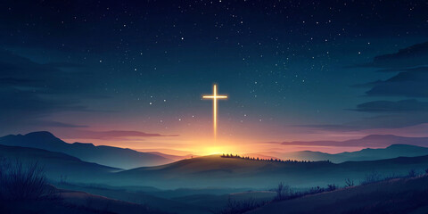 Christian background: cross on the mountain top against the night sky. Can be used for modern religious publications