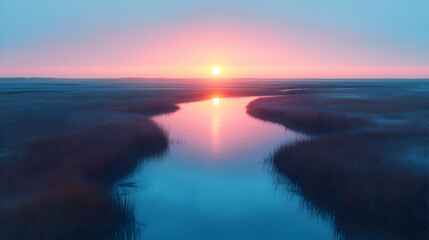 Naklejka premium Pink And Blue Sunset Over Frozen River Landscape