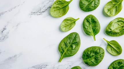 Obraz premium Fresh Green Spinach Leaves Arranged on a Marble Surface for Healthy Culinary Inspiration