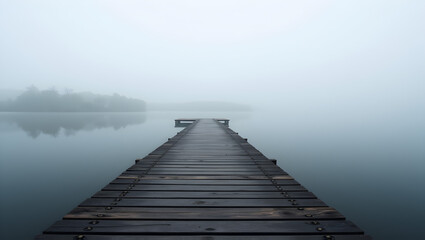 Fototapeta premium Lonely wooden pier extending into a foggy lake