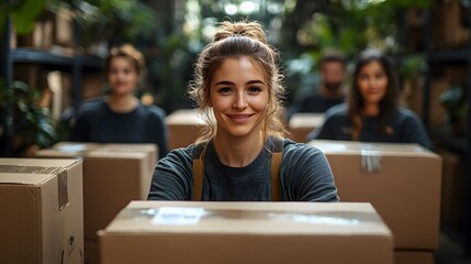 Group of professional movers sealing boxes with tape, efficient packing service, diverse team, copy space