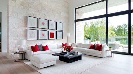 Modern living room, stone wall, large window, outdoor view, luxury home interior design