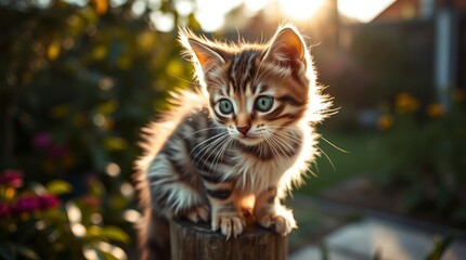 Cute kitten, fluffy tabby cat, wooden fence post, golden hour sunlight, bokeh background, soft focus, shallow depth of field