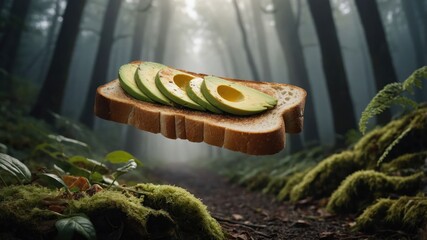 Slices of avocado on bread floating in a serene forest with mist and lush greenery surrounding