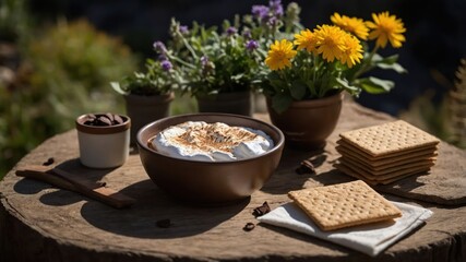 Delicious dessert featuring toasted meringue in a rustic setting with flowers and snacks