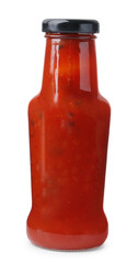 Delicious sauce in glass bottle isolated on white