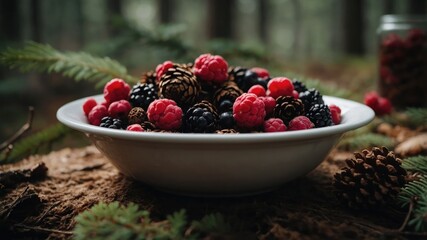 A close-up of a bowl filled with fresh berries and pine cones set in a serene forest environment