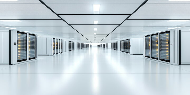Large scale state of the art modern data centers with concealed cabling and connections.
