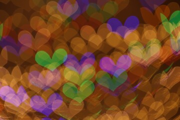 Blurred view of heart shaped lights on color background, bokeh effect