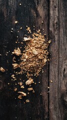 Earthy chicken feed flat lay on wooden surface with ample negative space