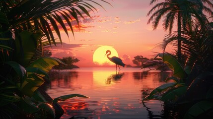 A beautiful blue heron, standing tall and elegant against an enchanting sunset backdrop