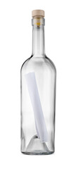 Corked glass bottle with rolled letter isolated on white