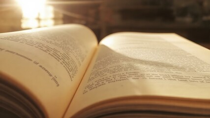 Fototapeta premium A close-up of an open book with gently curling pages, bathed in soft golden sunlight streaming through a window.
