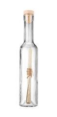 Corked glass bottle with rolled letter isolated on white